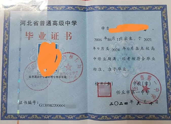 商洛任丘市第一中学高中毕业证样本图片